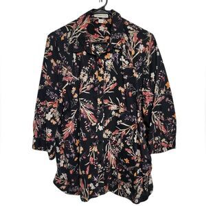 Coldwater Creek Black Wildflower Button Up Cotton Blouse, Plus Size 1X